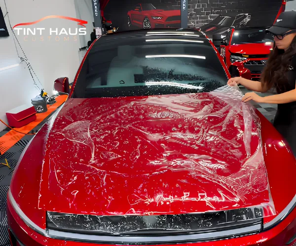 glossy red vehicle inside a custom auto shop, as shown in paint protection film