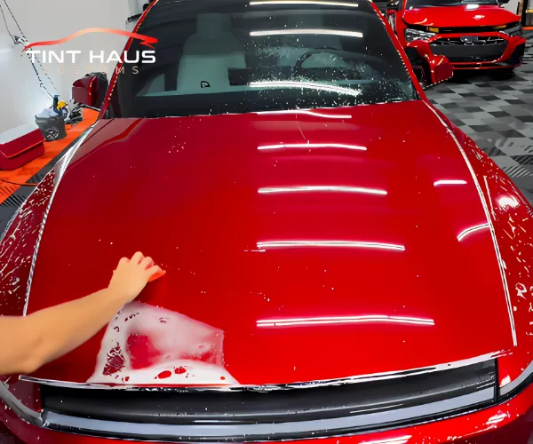 glossy red vehicle inside a custom auto shop, as shown in paint protection film